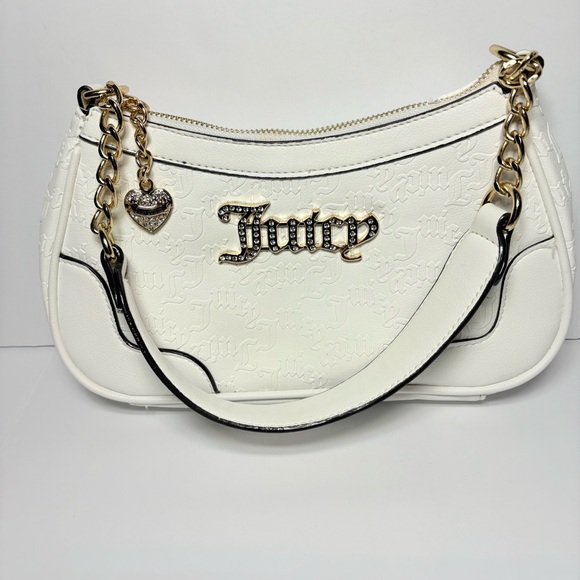 Juicy Couture Heartless White Shoulder Bag W/ Embossed Rhinestone Juicy Logo - Picture 1 of 15